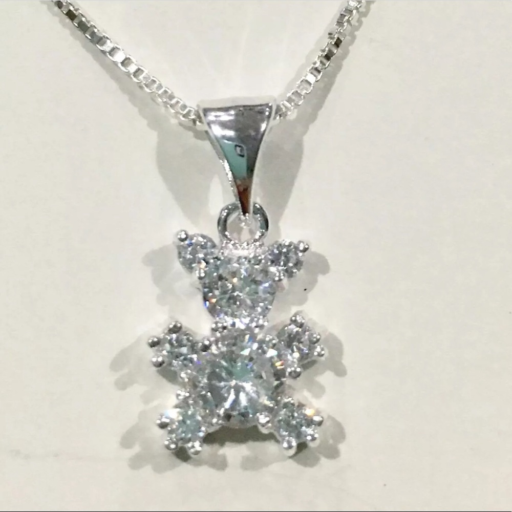 Sterling Silver CZ Clear Stone Teddy Bear Necklace
